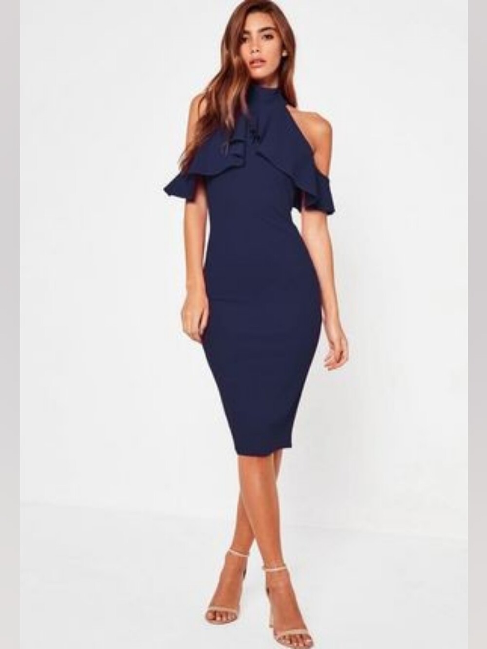 Missguided Navy Cold-Shoulder Ruffle Midi Dress